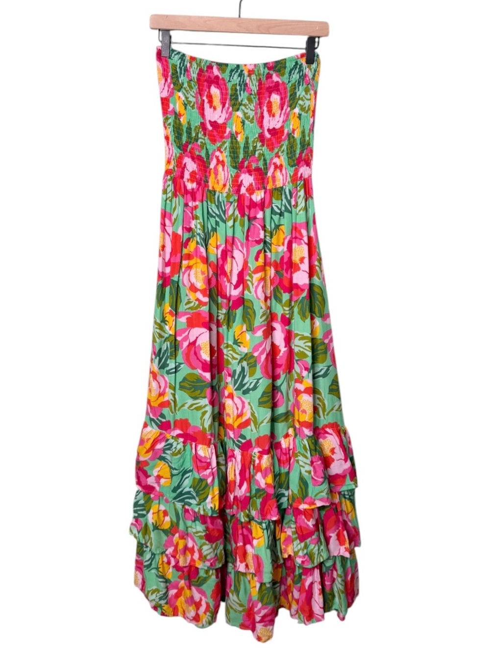Abel The Label Floral Tiered Strapless Smocked Mimosa Maxi Dress Pink Size Large